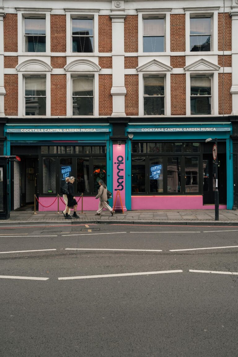 Street view of colorful bar in London, UK