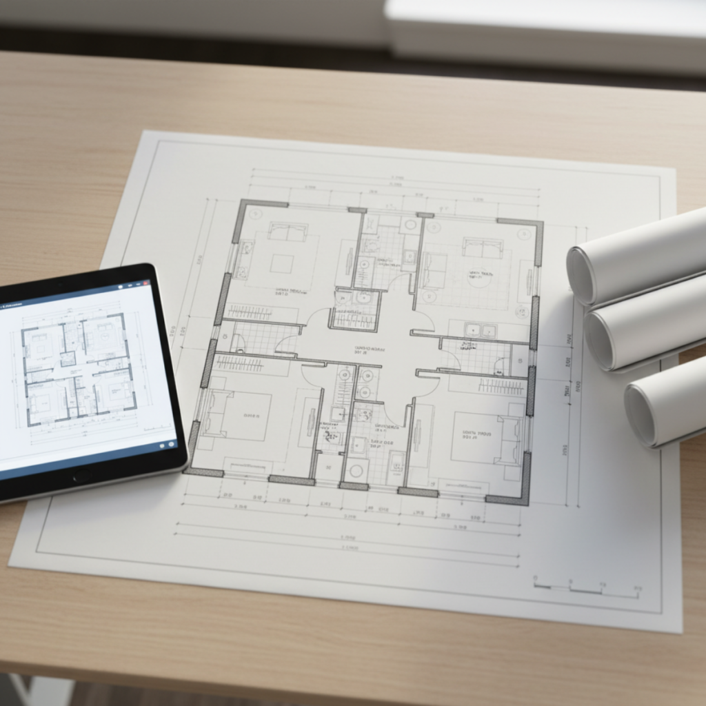 Detailed architectural floor plan with room layouts, dimensions, and digital version