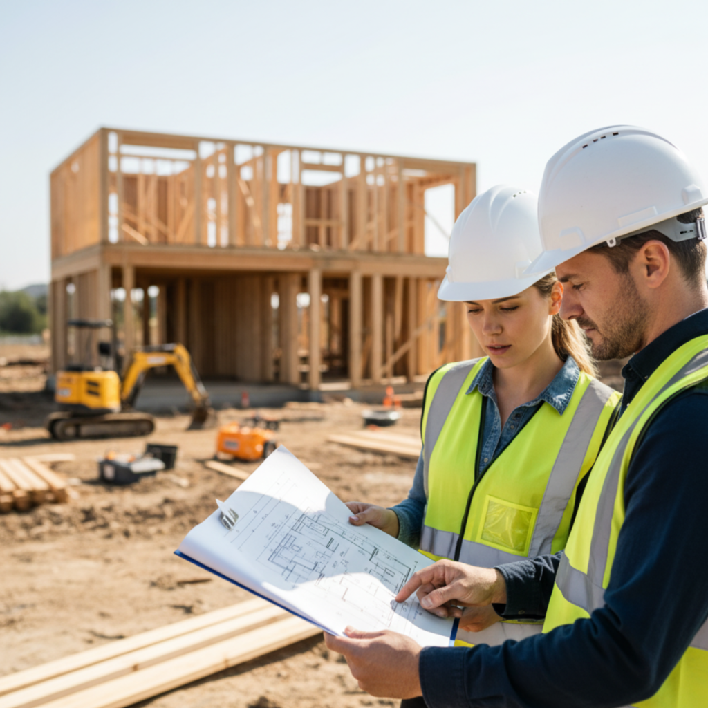 Architect and contractor reviewing floor plans on a construction site to guide project