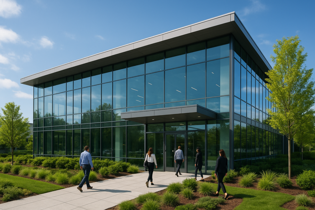 Modern commercial building design in the USA with sustainable architecture features