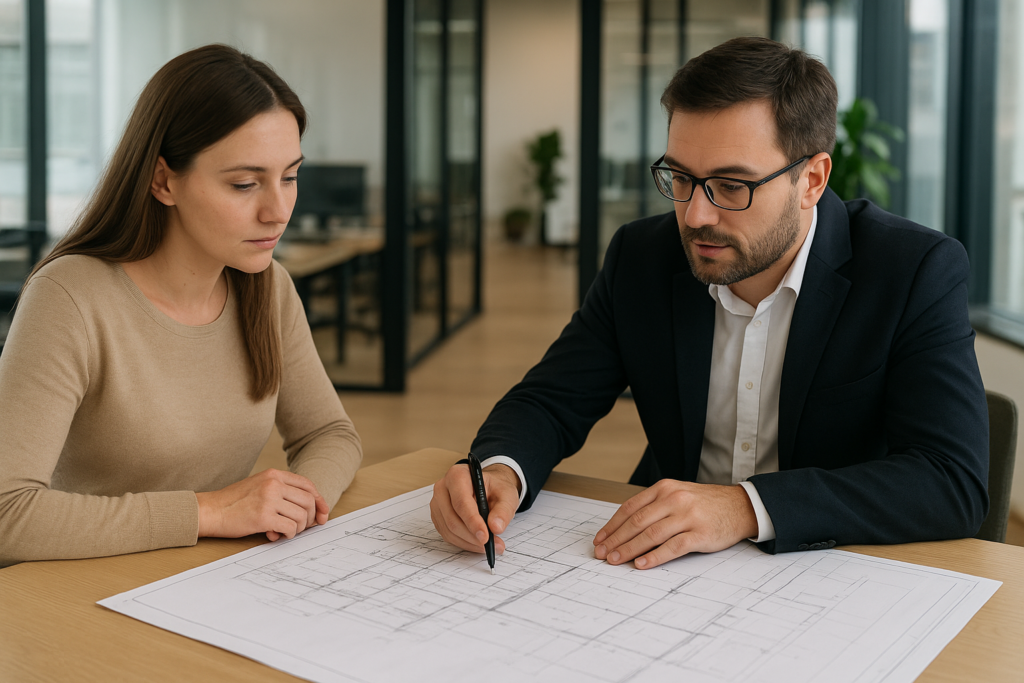 Professional architect in the USA reviewing building design plans with client