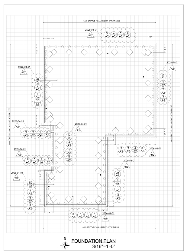 Foundation plan showing cripple wall bracing and anchor bolt layout, Walnut Creek retrofit