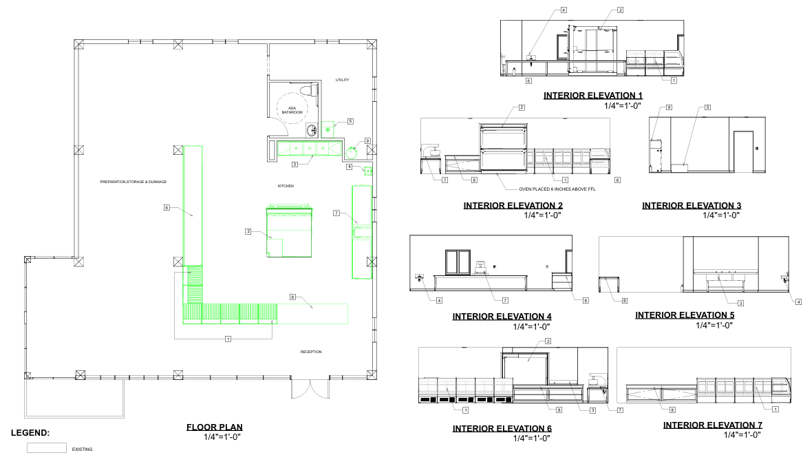 Floor plan layout of retail market, kitchen, and reception area, Vallejo CA