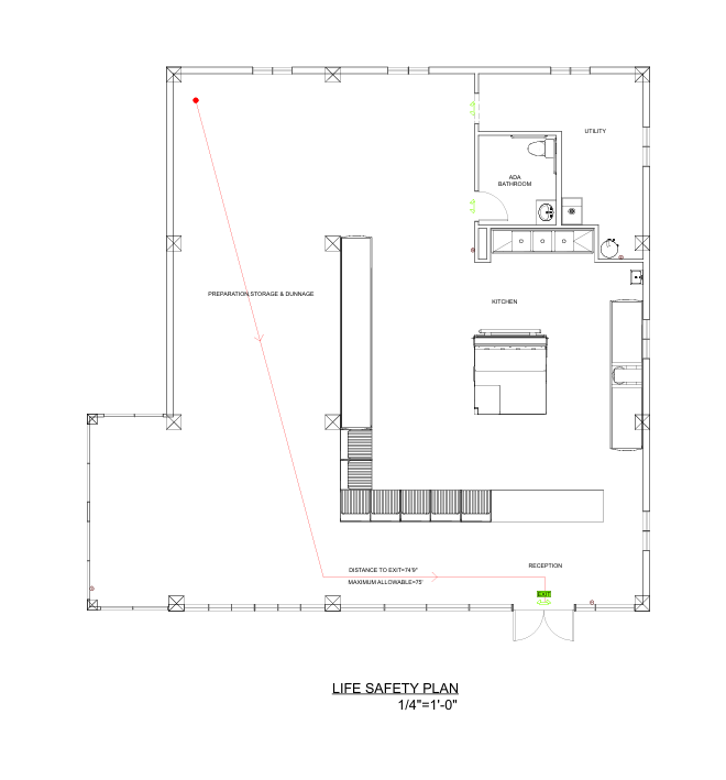 Life safety plan showing egress path and exit signage, Vallejo commercial buildout